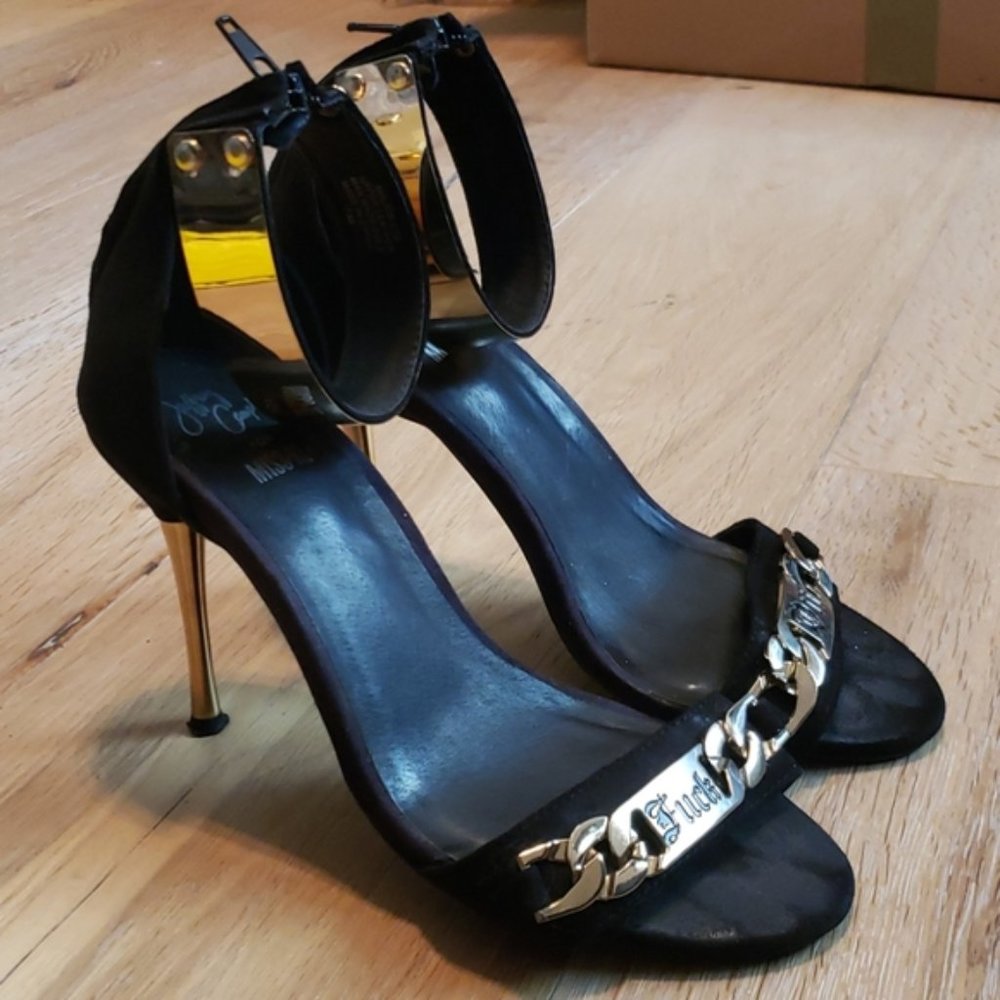 JEFFREY CAMPBELL sz 7 BLACK F*CK OFF or F BOMB METAL ACCENT HEELS strappy sandal - Picture 2 of 7